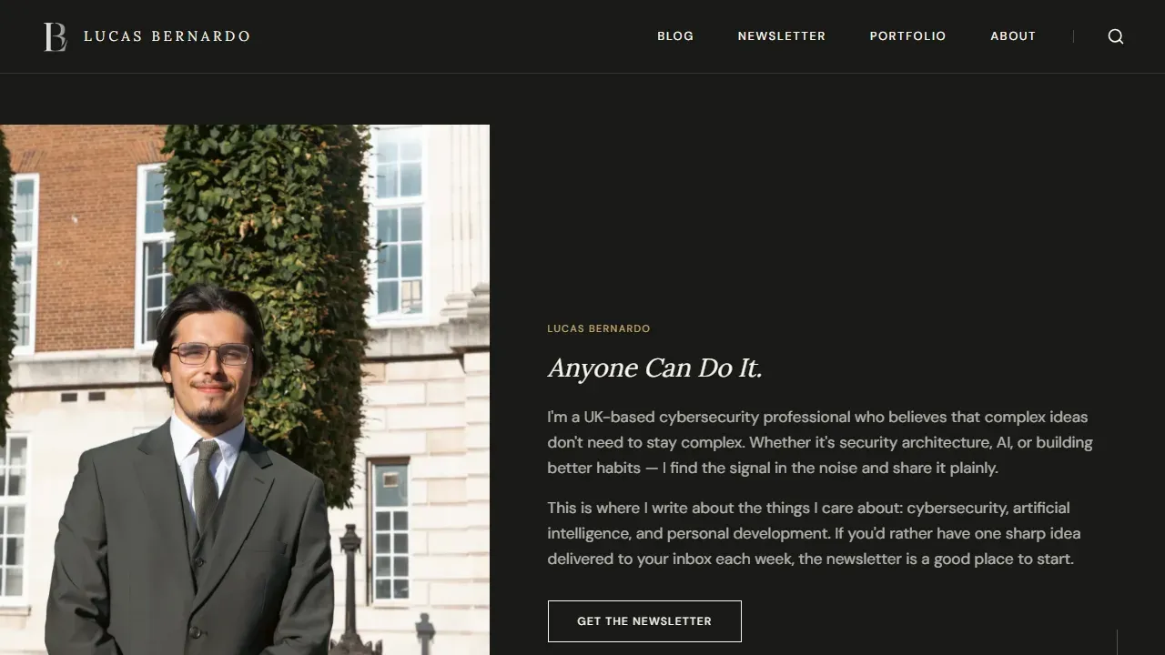 The lucasbernardo.com home page: a portrait beside an introduction and a newsletter sign-up